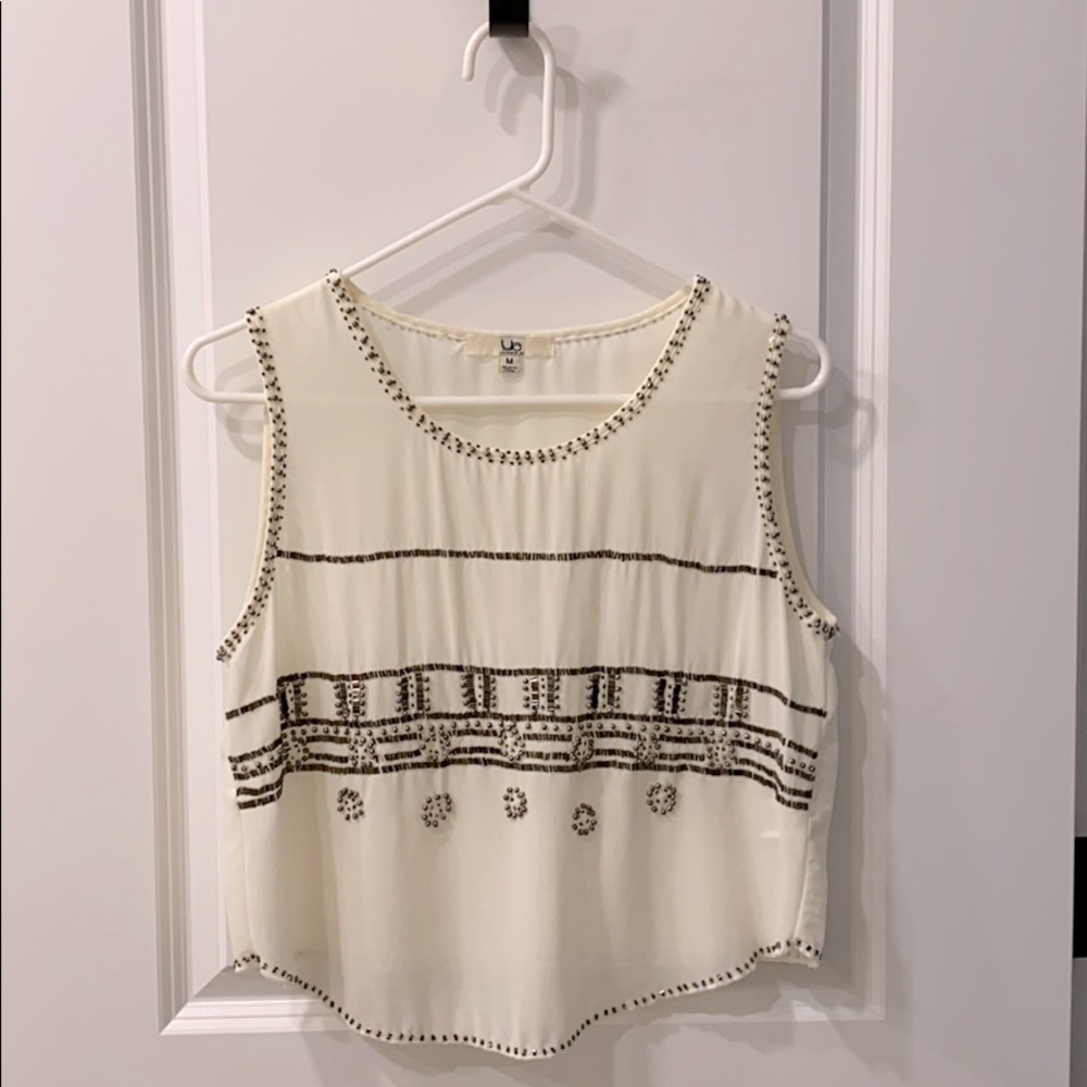 Cream Sequined Sheet Sleeveless Blouse Top